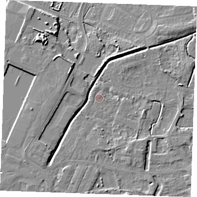 Shaded relief map of the ground around PE302AN, computed from Environment Agency LiDAR. The ground here sits at about 3 m above sea level and falls 10 m across the surrounding 800 m. Surface water reaching this point runs off ground lying to the south-south-east, 4.0 m higher.
