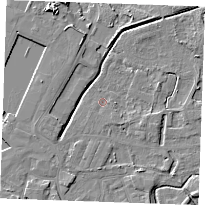 Shaded relief map of the ground around PE302AP, computed from Environment Agency LiDAR. The ground here sits at about 3 m above sea level and falls 10 m across the surrounding 800 m. Surface water reaching this point runs off ground lying to the east-south-east, 3.0 m higher.