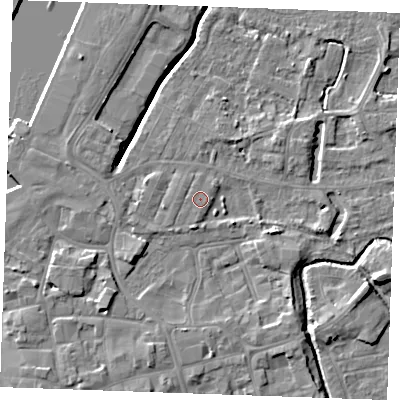 Shaded relief map of the ground around PE302AQ, computed from Environment Agency LiDAR. The ground here sits at about 4 m above sea level and falls 7 m across the surrounding 800 m. Surface water reaching this point runs off ground lying to the south-south-west, 0.9 m higher.