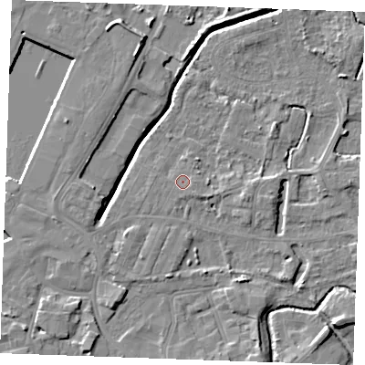 Shaded relief map of the ground around PE302AR, computed from Environment Agency LiDAR. The ground here sits at about 4 m above sea level and falls 7 m across the surrounding 800 m. Surface water reaching this point runs off ground lying to the south-east, 0.9 m higher.