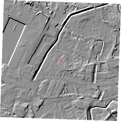 Shaded relief map of the ground around PE302AS, computed from Environment Agency LiDAR. The ground here sits at about 4 m above sea level and falls 10 m across the surrounding 800 m. Surface water reaching this point runs off ground lying to the east-south-east, 3.0 m higher.