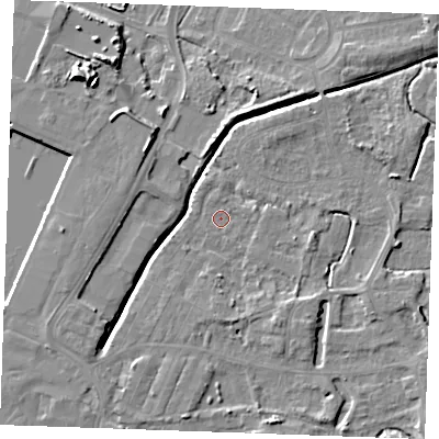 Shaded relief map of the ground around PE302AT, computed from Environment Agency LiDAR. The ground here sits at about 3 m above sea level and falls 10 m across the surrounding 800 m. Surface water reaching this point runs off ground lying to the south-south-east, 3.0 m higher.