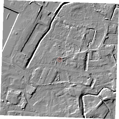Shaded relief map of the ground around PE302AU, computed from Environment Agency LiDAR. The ground here sits at about 4 m above sea level and falls 7 m across the surrounding 800 m. Surface water reaching this point runs off ground lying to the west-south-west, 1.9 m higher.