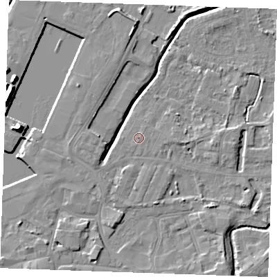 Shaded relief map of the ground around PE302AW, computed from Environment Agency LiDAR. The ground here sits at about 4 m above sea level and falls 14 m across the surrounding 800 m. The ground contributing surface water to this point lies to the north-east.