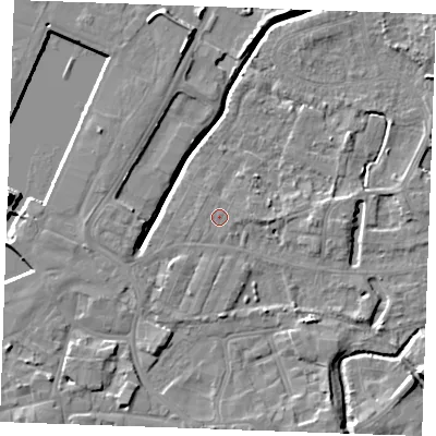 Shaded relief map of the ground around PE302AX, computed from Environment Agency LiDAR. The ground here sits at about 4 m above sea level and falls 13 m across the surrounding 800 m. The ground contributing surface water to this point lies to the east-south-east.