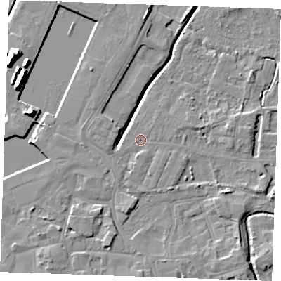 Shaded relief map of the ground around PE302AY, computed from Environment Agency LiDAR. The ground here sits at about 4 m above sea level and falls 14 m across the surrounding 800 m. Surface water reaching this point runs off ground lying to the south-south-west, 1.8 m higher.