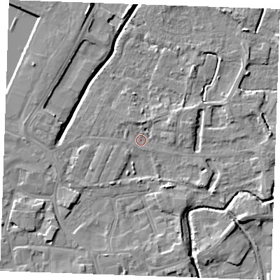 Shaded relief map of the ground around PE302AZ, computed from Environment Agency LiDAR. The ground here sits at about 4 m above sea level and falls 7 m across the surrounding 800 m. Surface water reaching this point runs off ground lying to the west-south-west, 2.6 m higher.