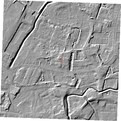 Shaded relief map of the ground around PE302BA, computed from Environment Agency LiDAR. The ground here sits at about 4 m above sea level and falls 7 m across the surrounding 800 m. Surface water reaching this point runs off ground lying to the north-north-west, 0.9 m higher.