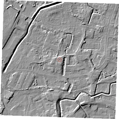 Shaded relief map of the ground around PE302BB, computed from Environment Agency LiDAR. The ground here sits at about 4 m above sea level and falls 7 m across the surrounding 800 m. Surface water reaching this point runs off ground lying to the north-north-east, 1.5 m higher.