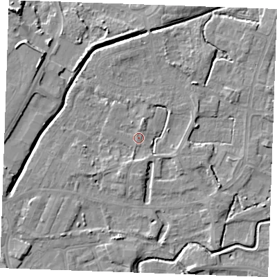 Shaded relief map of the ground around PE302BD, computed from Environment Agency LiDAR. The ground here sits at about 4 m above sea level and falls 7 m across the surrounding 800 m. Surface water reaching this point runs off ground lying to the south-south-west, 3.0 m higher.