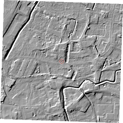 Shaded relief map of the ground around PE302BE, computed from Environment Agency LiDAR. The ground here sits at about 3 m above sea level and falls 7 m across the surrounding 800 m. Surface water reaching this point runs off ground lying to the west-south-west, 4.0 m higher.