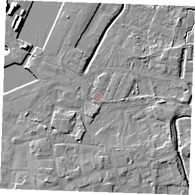 Shaded relief map of the ground around PE302BF, computed from Environment Agency LiDAR. The ground here sits at about 5 m above sea level and falls 14 m across the surrounding 800 m. Surface water reaching this point runs off ground lying to the north-west, 1.4 m higher.