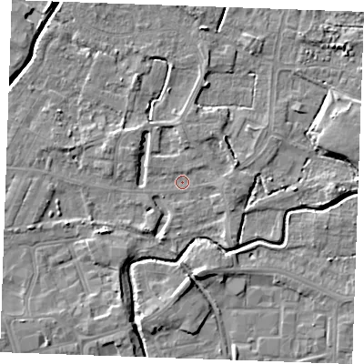 Shaded relief map of the ground around PE302BG, computed from Environment Agency LiDAR. The ground here sits at about 3 m above sea level and falls 6 m across the surrounding 800 m. Surface water reaching this point runs off ground lying to the south-south-west, 3.6 m higher.