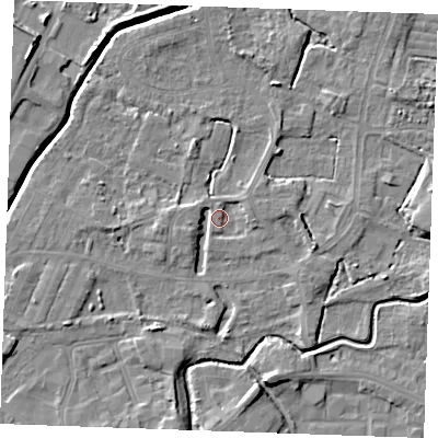 Shaded relief map of the ground around PE302BH, computed from Environment Agency LiDAR. The ground here sits at about 4 m above sea level and falls 6 m across the surrounding 800 m. Surface water reaching this point runs off ground lying to the west-south-west, 4.0 m higher.