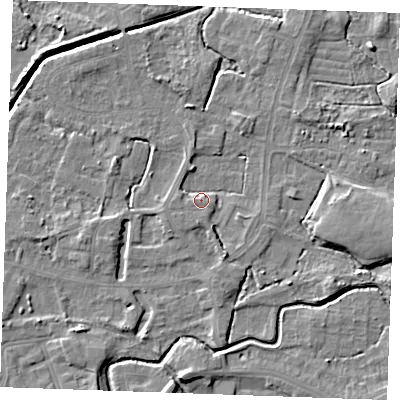 Shaded relief map of the ground around PE302BJ, computed from Environment Agency LiDAR. The ground here sits at about 4 m above sea level and falls 6 m across the surrounding 800 m. Surface water reaching this point runs off ground lying to the east, 4.7 m higher.