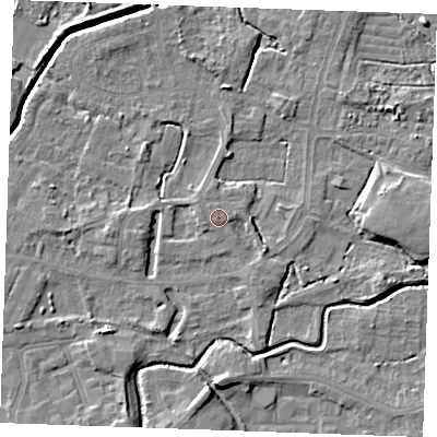 Shaded relief map of the ground around PE302BL, computed from Environment Agency LiDAR. The ground here sits at about 4 m above sea level and falls 6 m across the surrounding 800 m. Surface water reaching this point runs off ground lying to the west-south-west, 0.8 m higher.