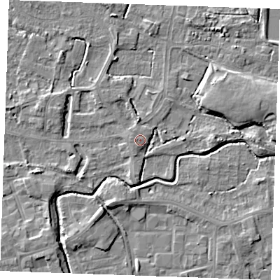 Shaded relief map of the ground around PE302BN, computed from Environment Agency LiDAR. The ground here sits at about 4 m above sea level and falls 6 m across the surrounding 800 m. Surface water reaching this point runs off ground lying to the south-south-west, 2.3 m higher.