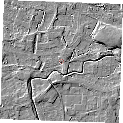 Shaded relief map of the ground around PE302BP, computed from Environment Agency LiDAR. The ground here sits at about 4 m above sea level and falls 6 m across the surrounding 800 m. Surface water reaching this point runs off ground lying to the south-south-east, 1.8 m higher.