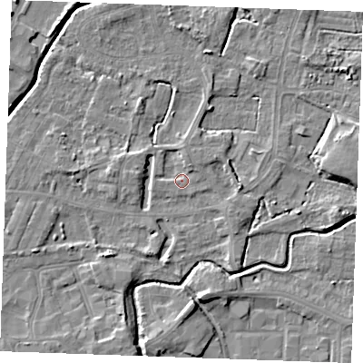 Shaded relief map of the ground around PE302BQ, computed from Environment Agency LiDAR. The ground here sits at about 4 m above sea level and falls 6 m across the surrounding 800 m. Surface water reaching this point runs off ground lying to the north, 1.8 m higher.