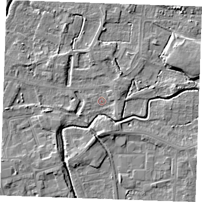 Shaded relief map of the ground around PE302BS, computed from Environment Agency LiDAR. The ground here sits at about 3 m above sea level and falls 6 m across the surrounding 800 m. Surface water reaching this point runs off ground lying to the south-west, 3.6 m higher.