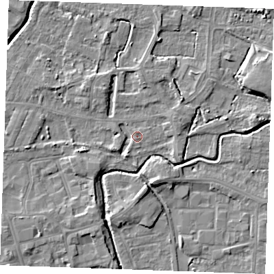 Shaded relief map of the ground around PE302BT, computed from Environment Agency LiDAR. The ground here sits at about 3 m above sea level and falls 6 m across the surrounding 800 m. Surface water reaching this point runs off ground lying to the south-west, 2.2 m higher.