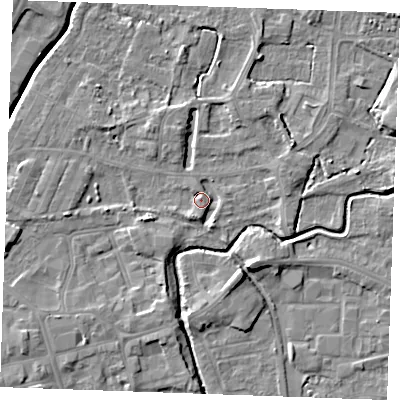 Shaded relief map of the ground around PE302BU, computed from Environment Agency LiDAR. The ground here sits at about 4 m above sea level and falls 6 m across the surrounding 800 m. Surface water reaching this point runs off ground lying to the south, 2.2 m higher.