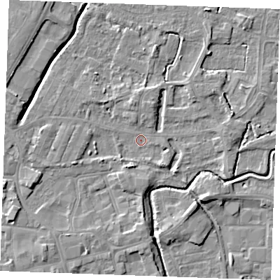 Shaded relief map of the ground around PE302BX, computed from Environment Agency LiDAR. The ground here sits at about 3 m above sea level and falls 7 m across the surrounding 800 m. Surface water reaching this point runs off ground lying to the west-south-west, 3.8 m higher.