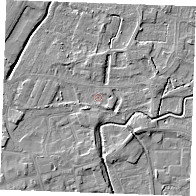 Shaded relief map of the ground around PE302BY, computed from Environment Agency LiDAR. The ground here sits at about 3 m above sea level and falls 7 m across the surrounding 800 m. Surface water reaching this point runs off ground lying to the south-east, 2.5 m higher.