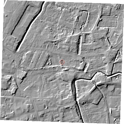 Shaded relief map of the ground around PE302BZ, computed from Environment Agency LiDAR. The ground here sits at about 3 m above sea level and falls 7 m across the surrounding 800 m. Surface water reaching this point runs off ground lying to the south-west, 3.9 m higher.