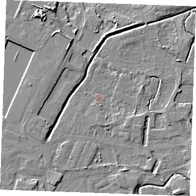Shaded relief map of the ground around PE302DA, computed from Environment Agency LiDAR. The ground here sits at about 3 m above sea level and falls 10 m across the surrounding 800 m. Surface water reaching this point runs off ground lying to the south-east, 3.0 m higher.
