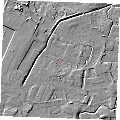 Shaded relief map of the ground around PE302DB, computed from Environment Agency LiDAR. The ground here sits at about 3 m above sea level and falls 10 m across the surrounding 800 m. Surface water reaching this point runs off ground lying to the south-east, 3.0 m higher.
