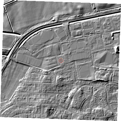 Shaded relief map of the ground around PE302DD, computed from Environment Agency LiDAR. The ground here sits at about 3 m above sea level and falls 7 m across the surrounding 800 m. Surface water reaching this point runs off ground lying to the east-north-east, 4.6 m higher.