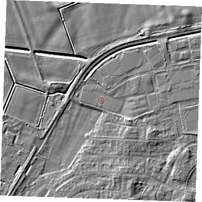 Shaded relief map of the ground around PE302DE, computed from Environment Agency LiDAR. The ground here sits at about 3 m above sea level and falls 6 m across the surrounding 800 m. Surface water reaching this point runs off ground lying to the north-east, 1.5 m higher.
