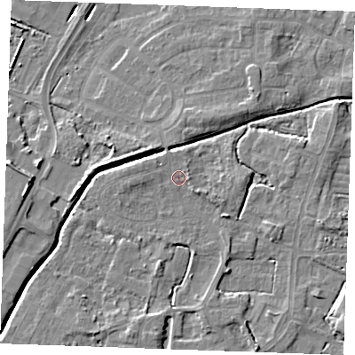 Shaded relief map of the ground around PE302DH, computed from Environment Agency LiDAR. The ground here sits at about 4 m above sea level and falls 9 m across the surrounding 800 m. Surface water reaching this point runs off ground lying to the west, 1.1 m higher.