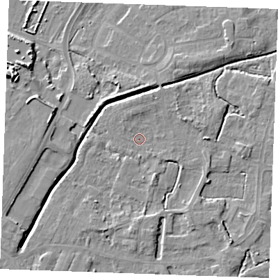 Shaded relief map of the ground around PE302DL, computed from Environment Agency LiDAR. The ground here sits at about 3 m above sea level and falls 10 m across the surrounding 800 m. Surface water reaching this point runs off ground lying to the south, 3.0 m higher.