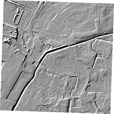 Shaded relief map of the ground around PE302DN, computed from Environment Agency LiDAR. The ground here sits at about 4 m above sea level and falls 12 m across the surrounding 800 m. Surface water reaching this point runs off ground lying to the north, 0.6 m higher.