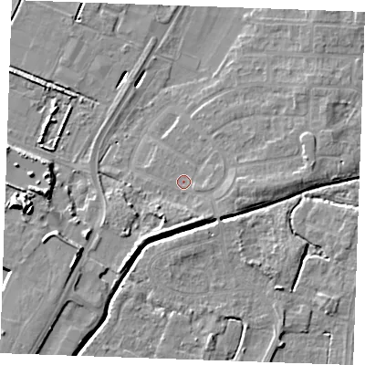 Shaded relief map of the ground around PE302DP, computed from Environment Agency LiDAR. The ground here sits at about 3 m above sea level and falls 12 m across the surrounding 800 m. Surface water reaching this point runs off ground lying to the east, 1.7 m higher.