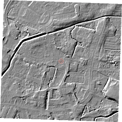 Shaded relief map of the ground around PE302DQ, computed from Environment Agency LiDAR. The ground here sits at about 3 m above sea level and falls 6 m across the surrounding 800 m. Surface water reaching this point runs off ground lying to the south-west, 2.9 m higher.