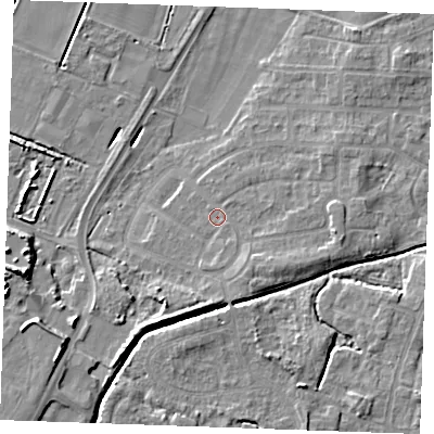 Shaded relief map of the ground around PE302DR, computed from Environment Agency LiDAR. The ground here sits at about 3 m above sea level and falls 10 m across the surrounding 800 m. Surface water reaching this point runs off ground lying to the east, 2.3 m higher.