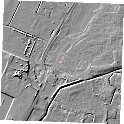 Shaded relief map of the ground around PE302DS, computed from Environment Agency LiDAR. The ground here sits at about 3 m above sea level and falls 12 m across the surrounding 800 m. Surface water reaching this point runs off ground lying to the east-south-east, 2.1 m higher.