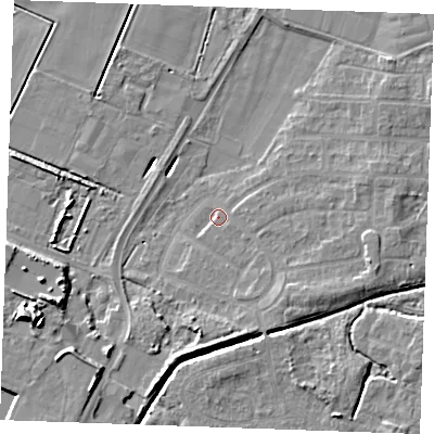 Shaded relief map of the ground around PE302DT, computed from Environment Agency LiDAR. The ground here sits at about 3 m above sea level and falls 12 m across the surrounding 800 m. Surface water reaching this point runs off ground lying to the east-south-east, 3.3 m higher.