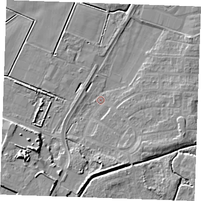 Shaded relief map of the ground around PE302DX, computed from Environment Agency LiDAR. The ground here sits at about 2 m above sea level and falls 12 m across the surrounding 800 m. Surface water reaching this point runs off ground lying to the south, 5.3 m higher.
