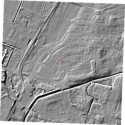 Shaded relief map of the ground around PE302DY, computed from Environment Agency LiDAR. The ground here sits at about 3 m above sea level and falls 9 m across the surrounding 800 m. Surface water reaching this point runs off ground lying to the east-south-east, 2.3 m higher.
