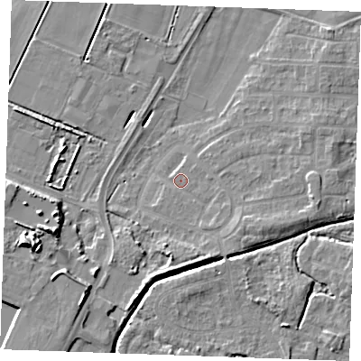 Shaded relief map of the ground around PE302DZ, computed from Environment Agency LiDAR. The ground here sits at about 3 m above sea level and falls 12 m across the surrounding 800 m. Surface water reaching this point runs off ground lying to the east-south-east, 2.8 m higher.