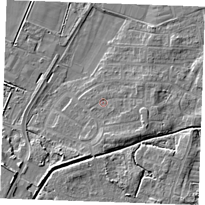 Shaded relief map of the ground around PE302EB, computed from Environment Agency LiDAR. The ground here sits at about 3 m above sea level and falls 9 m across the surrounding 800 m. Surface water reaching this point runs off ground lying to the east-north-east, 1.8 m higher.