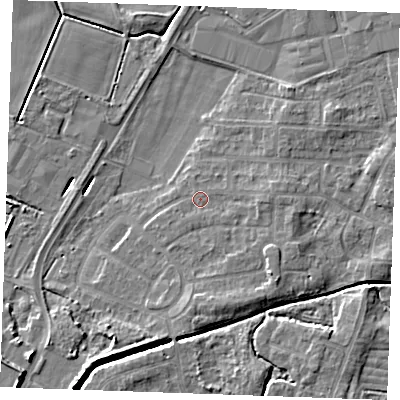 Shaded relief map of the ground around PE302ED, computed from Environment Agency LiDAR. The ground here sits at about 3 m above sea level and falls 8 m across the surrounding 800 m. Surface water reaching this point runs off ground lying to the east, 1.5 m higher.