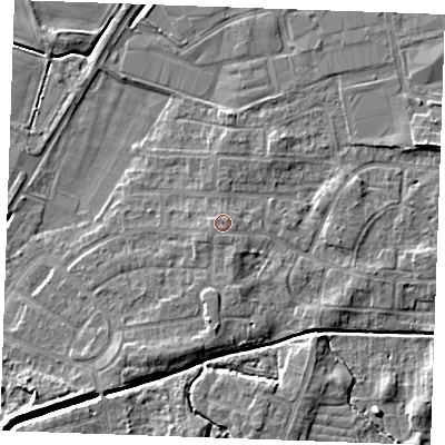 Shaded relief map of the ground around PE302EE, computed from Environment Agency LiDAR. The ground here sits at about 4 m above sea level and falls 6 m across the surrounding 800 m. Surface water reaching this point runs off ground lying to the south-west, 0.8 m higher.