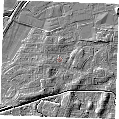 Shaded relief map of the ground around PE302EF, computed from Environment Agency LiDAR. The ground here sits at about 3 m above sea level and falls 7 m across the surrounding 800 m. Surface water reaching this point runs off ground lying to the south-west, 1.8 m higher.