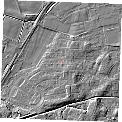 Shaded relief map of the ground around PE302EG, computed from Environment Agency LiDAR. The ground here sits at about 3 m above sea level and falls 7 m across the surrounding 800 m. Surface water reaching this point runs off ground lying to the south-east, 1.7 m higher.