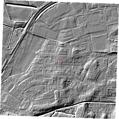 Shaded relief map of the ground around PE302EH, computed from Environment Agency LiDAR. The ground here sits at about 4 m above sea level and falls 7 m across the surrounding 800 m. Surface water reaching this point runs off ground lying to the north-north-east, 0.6 m higher.